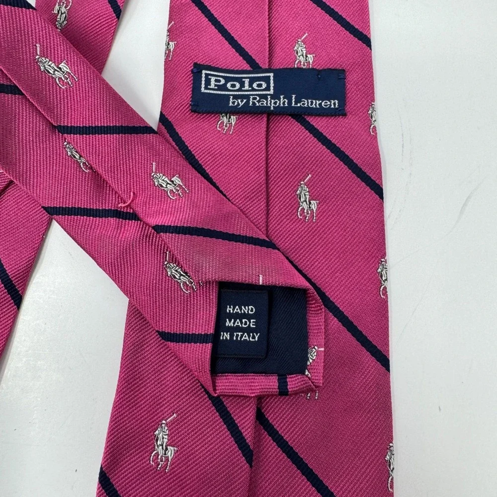 Polo Ralph Lauren Silk Tie Pink Navy Blue Stripe Pony Logo Hand Made Italy